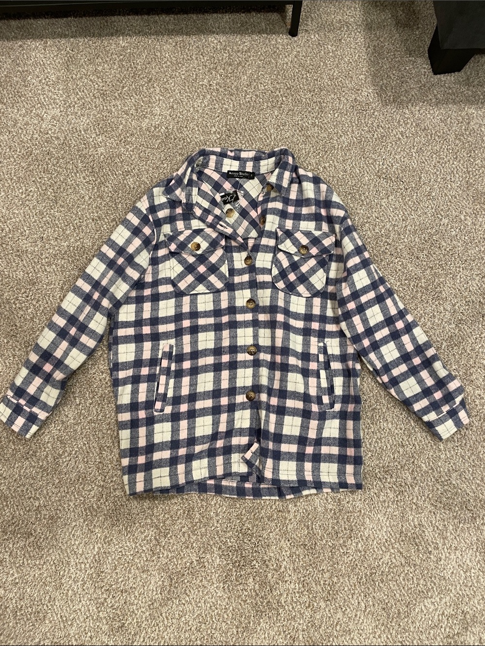 Knapp Studio Plaid Button-Up Shirt Jacket in Navy & Pink